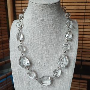 Clear Abstract Faceted Round Bead Glass Silver Tone Chain Vintage Necklace EUC